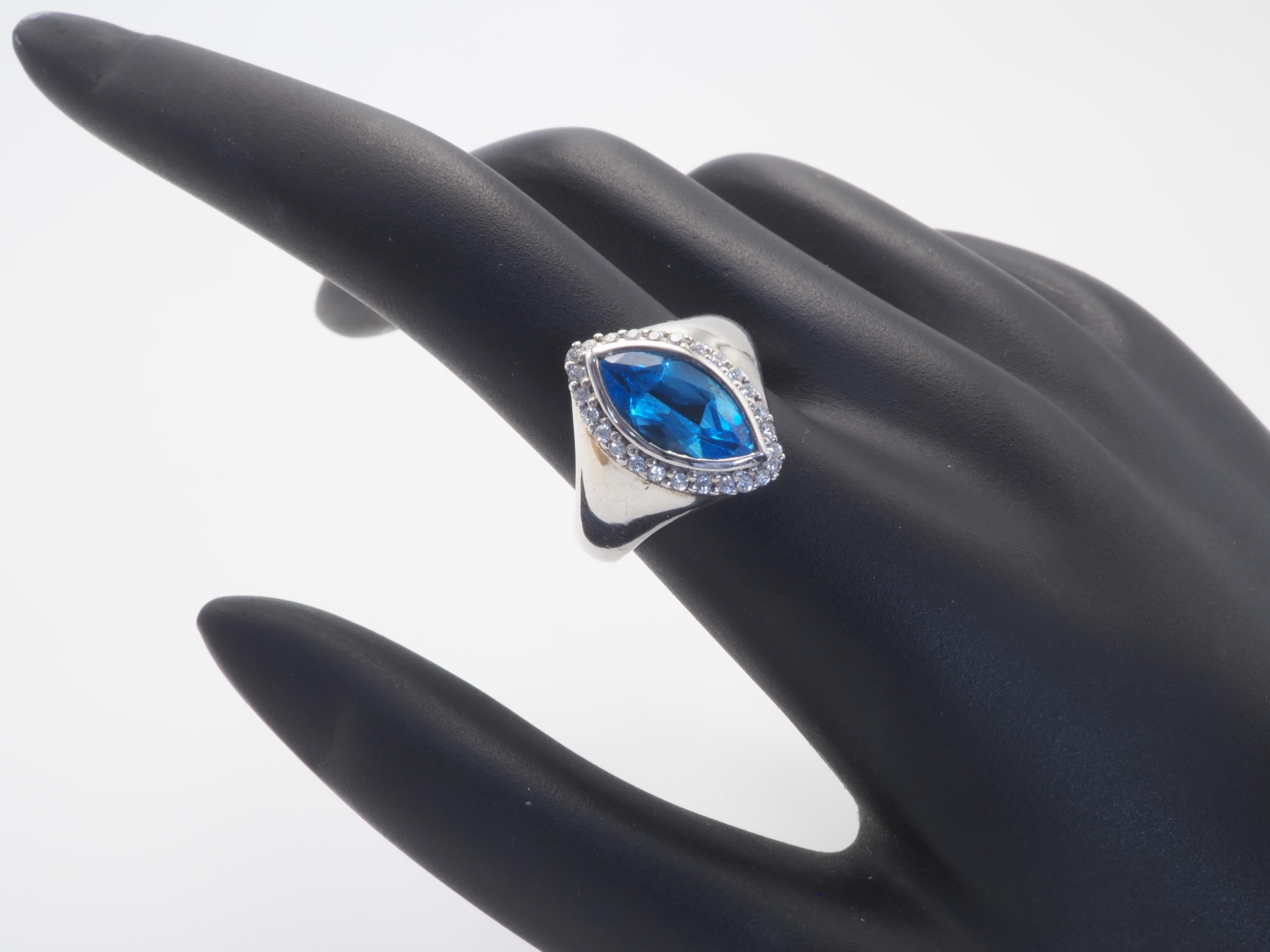 Signierter Schweizer Marquise-Cocktailring aus Sterlingsilber mit blauem Topas und Quarz 1