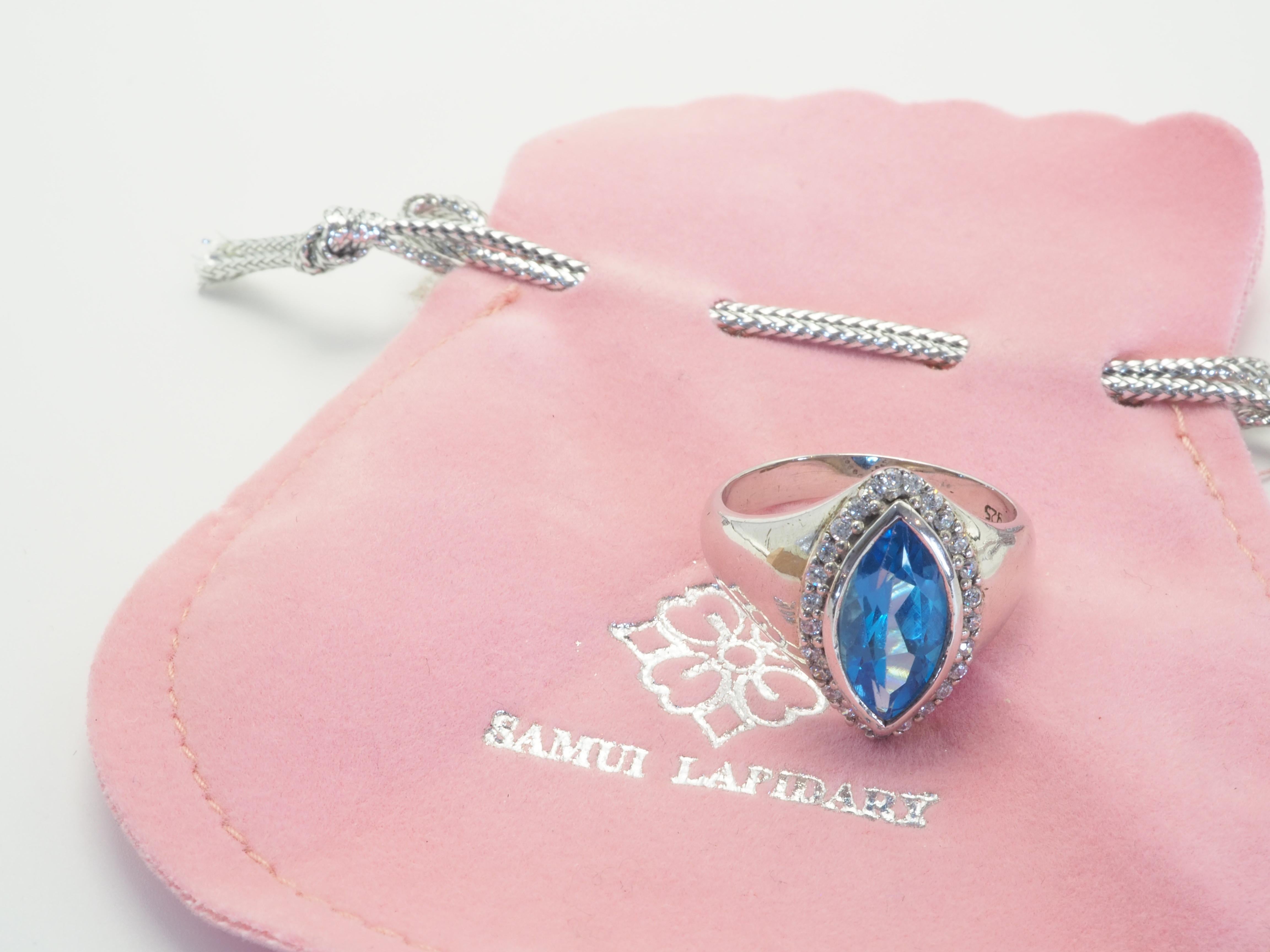 Signierter Schweizer Marquise-Cocktailring aus Sterlingsilber mit blauem Topas und Quarz 2