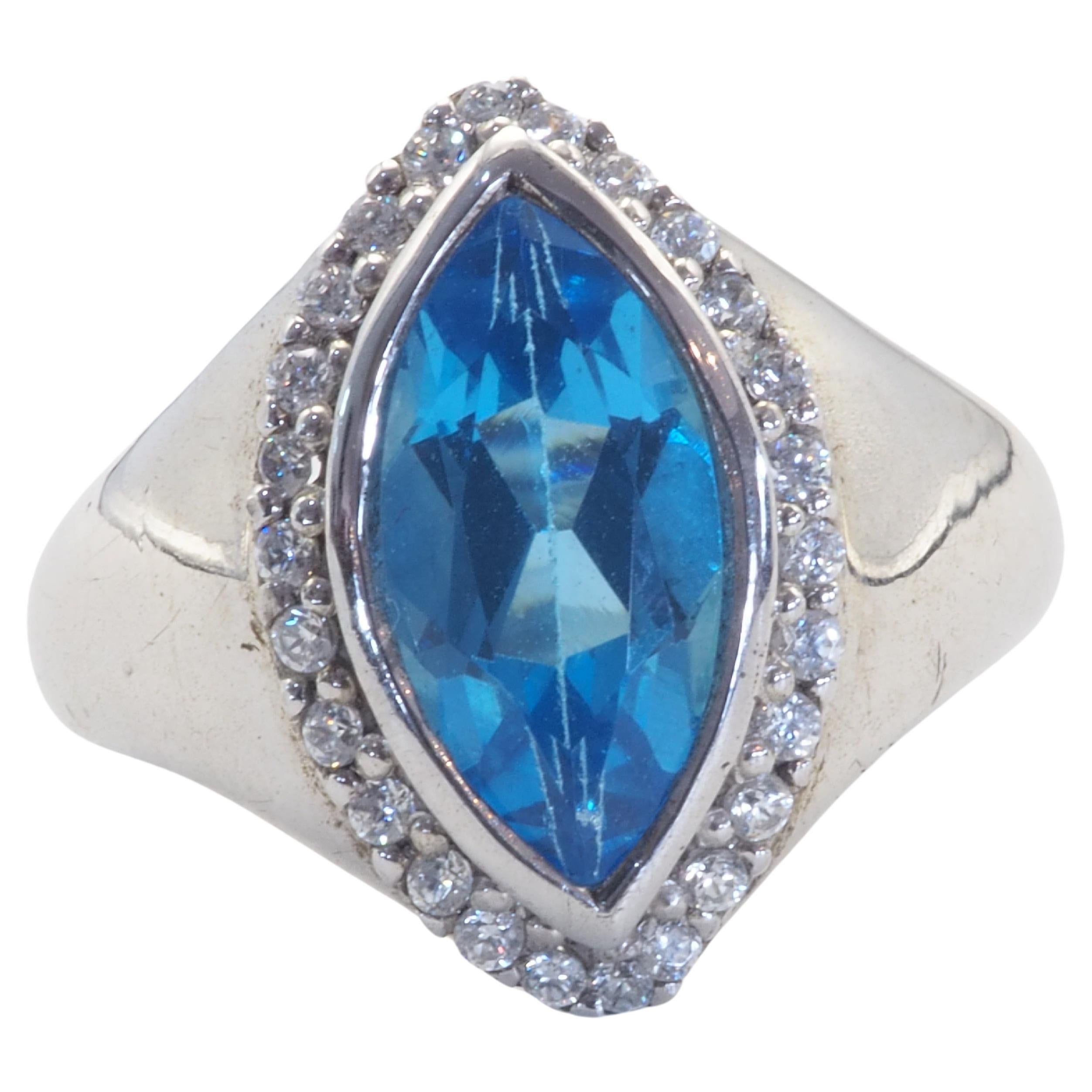 Signierter Schweizer Marquise-Cocktailring aus Sterlingsilber mit blauem Topas und Quarz