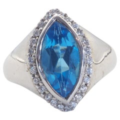 Signierter Schweizer Marquise-Cocktailring aus Sterlingsilber mit blauem Topas und Quarz