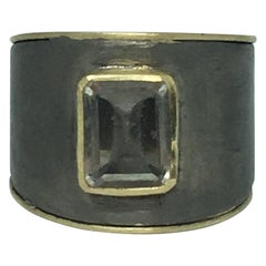 Signet Ring, 14 Karat Gold, Oxidized Silver, Aquamarine and Diamonds