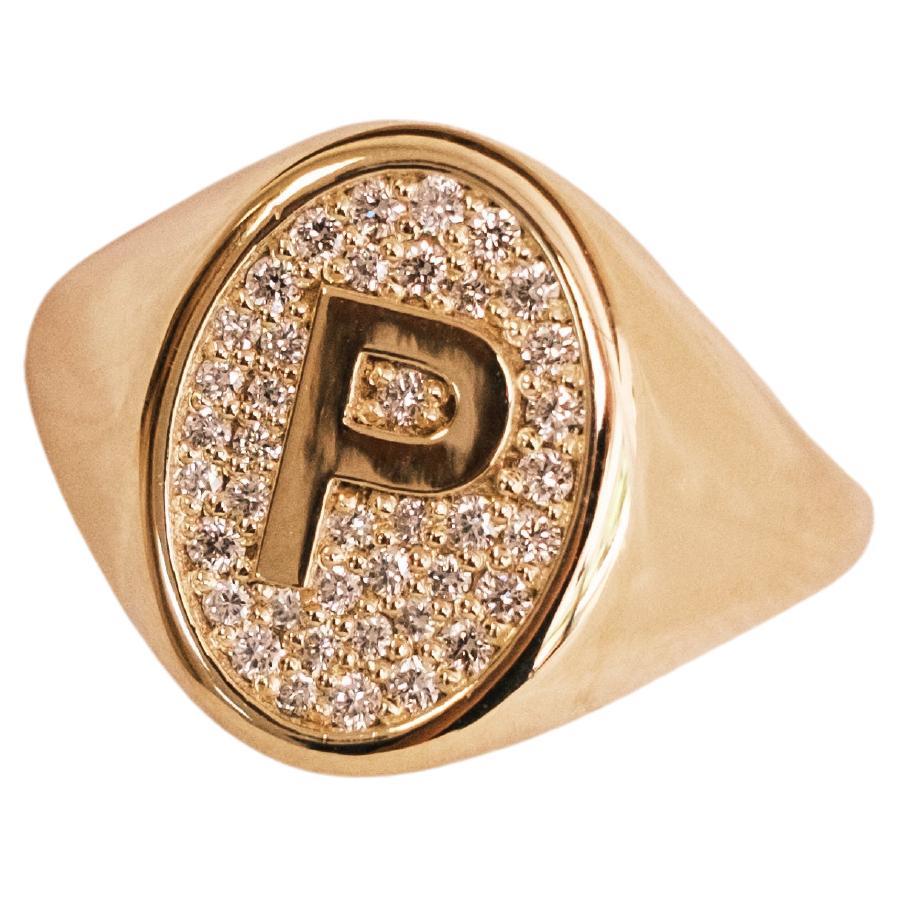 Bague chevalière en or 18K diamant, lettre P, 0.19cts de diamants