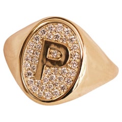 Signet Ring 18K Gold Diamond , Letter P, 0.19cts diamonds
