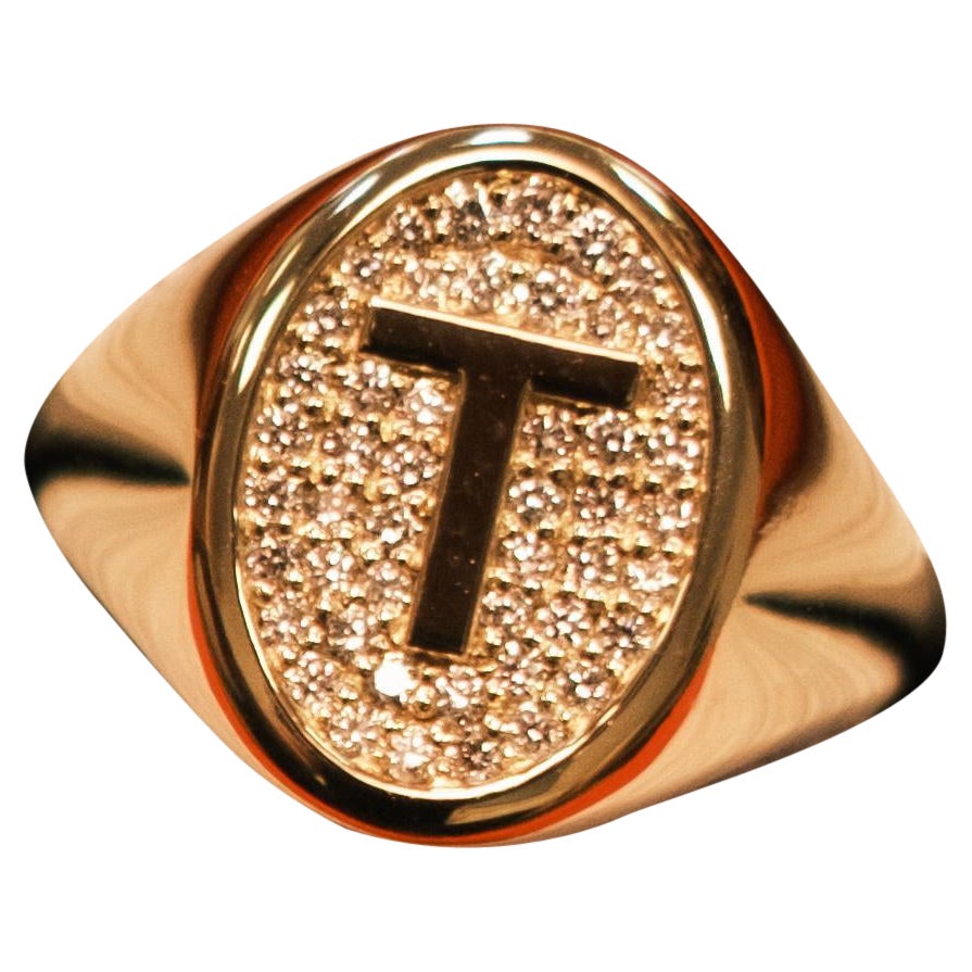 Siegelring 18K Gold Diamant, Buchstabe T, 0,22cts Diamanten im Angebot