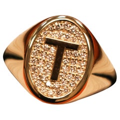 Signet Ring 18K Gold Diamond , Letter T, 0.22cts diamonds