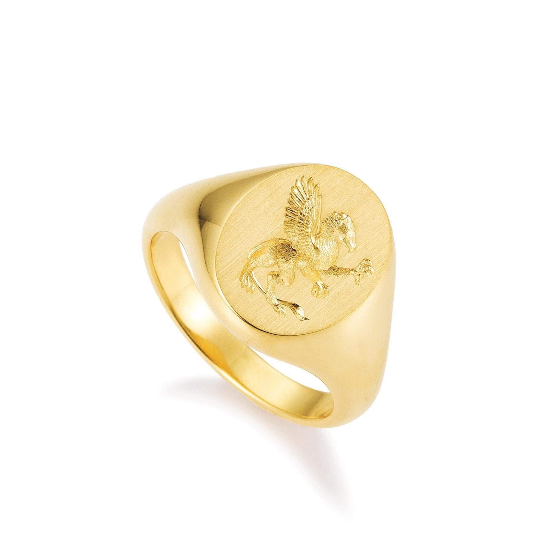 Anillo de sello, oro amarillo de 18 quilates, ovalado, 16,0 x 13,0 mm, grabado Griffin en Nuevo estado para la venta en Pforzheim, DE