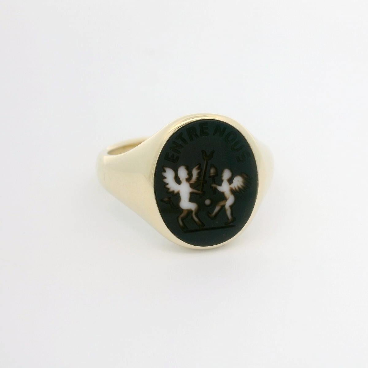 Anello con sigillo 925/- Argento placcato oro, ovale, Mesk Onyx 15,5x12,5, con incisione In condizioni Nuovo in vendita a Pforzheim, DE