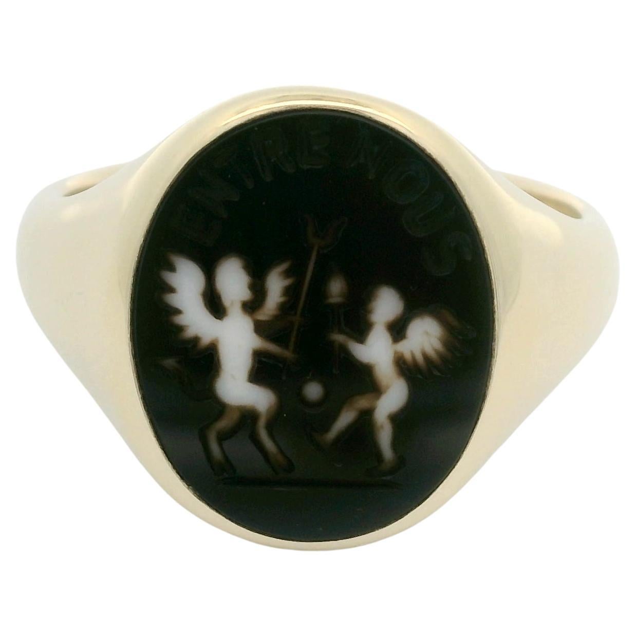 Signet Ring 925/- Silver gold plated, Oval, Mesk Onyx 15.5x12.5, with Engraving