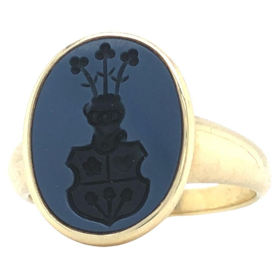 Signet Ring 925/- Silver gold plated, Oval, Onyx 12.0x9.0, with Engraving For Sale