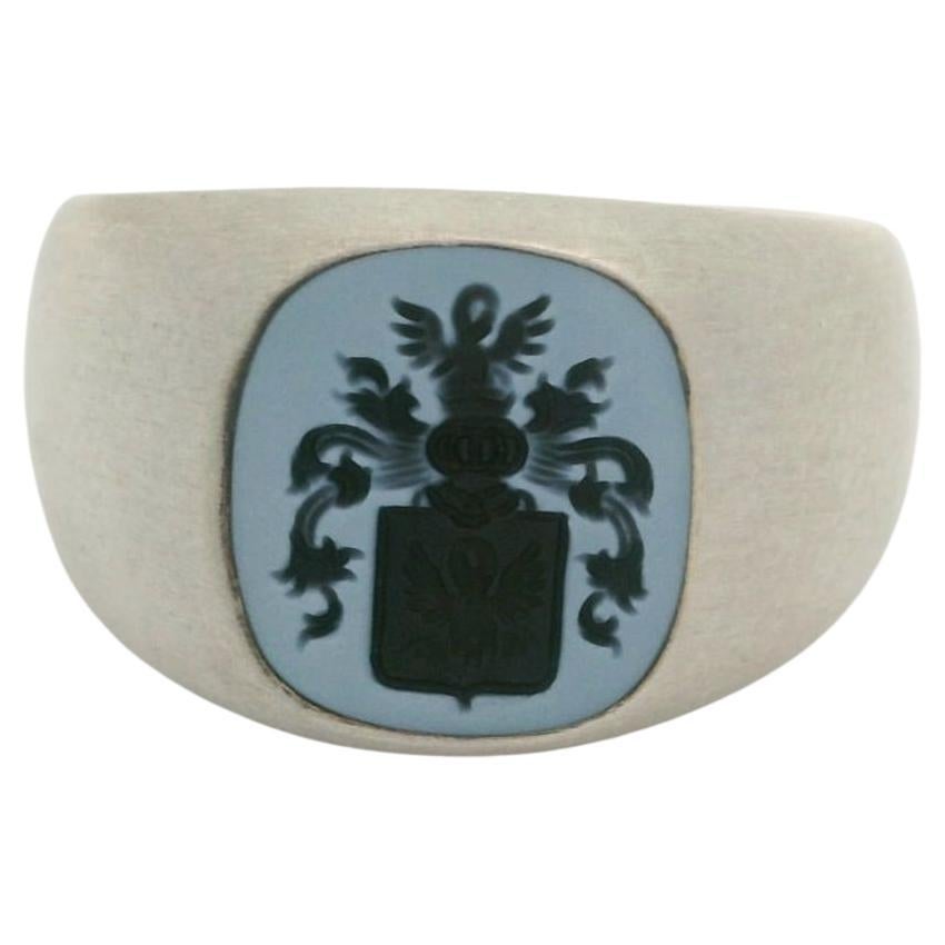 Signet Ring,  925/- Silver, Niccolo Onyx 10.5 x 9.5 mm, with Heraldic Engraving