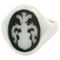 Bague signet 925/- Argent, ovale, onyx maille, 15,5 x 12,5 mm, avec gravure