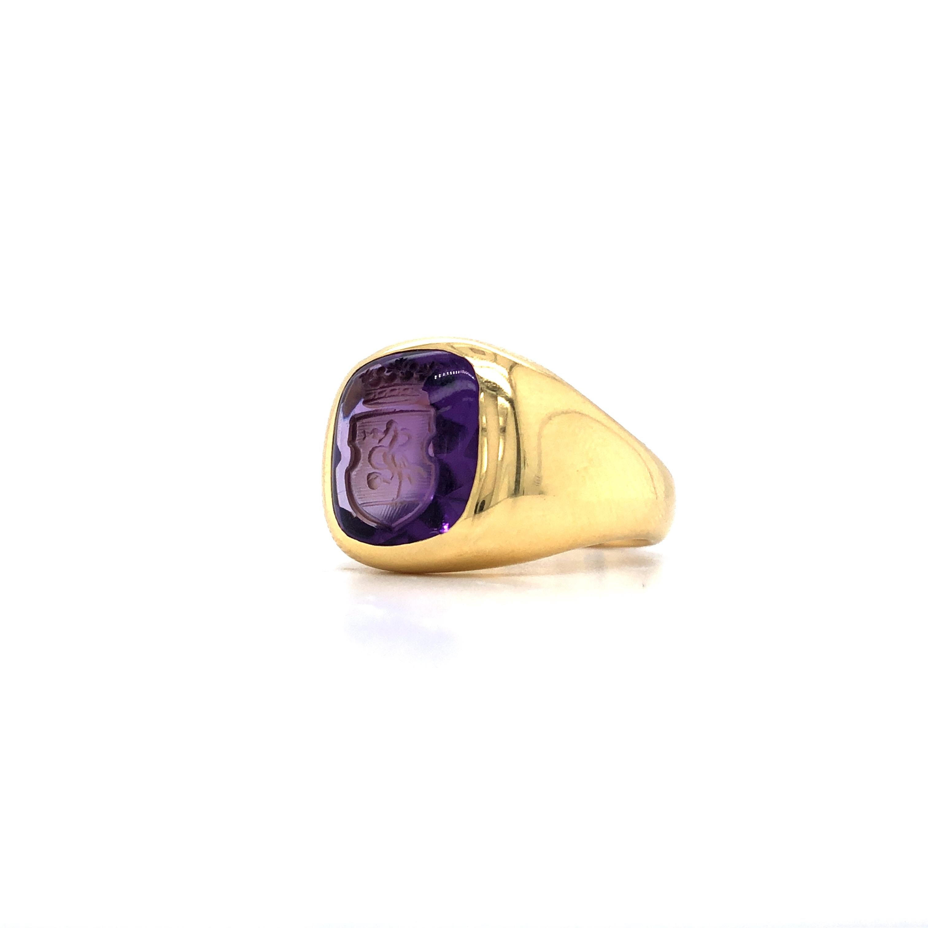 Anillo de sello antiguo, oro amarillo de 18 quilates, amatista 12,0 x 10,5 mm, con grabado en venta 1