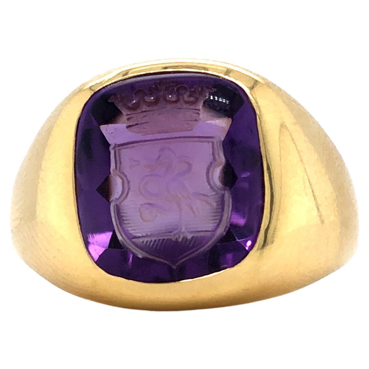 Signet Ring Antique, 18K Yellow Gold, Amethyst 12.0 x 10.5 mm, with Engraving