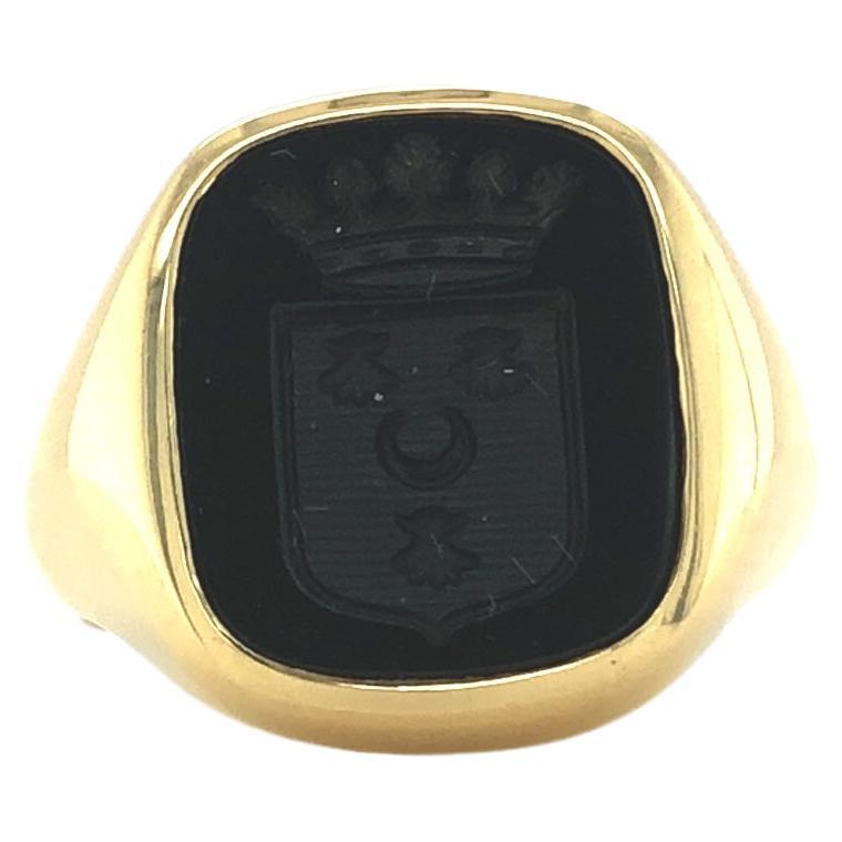 Siegelring, Kissenform, 18k Gelbgold, Onyx mit Gravur, 11,9*10,3 mm