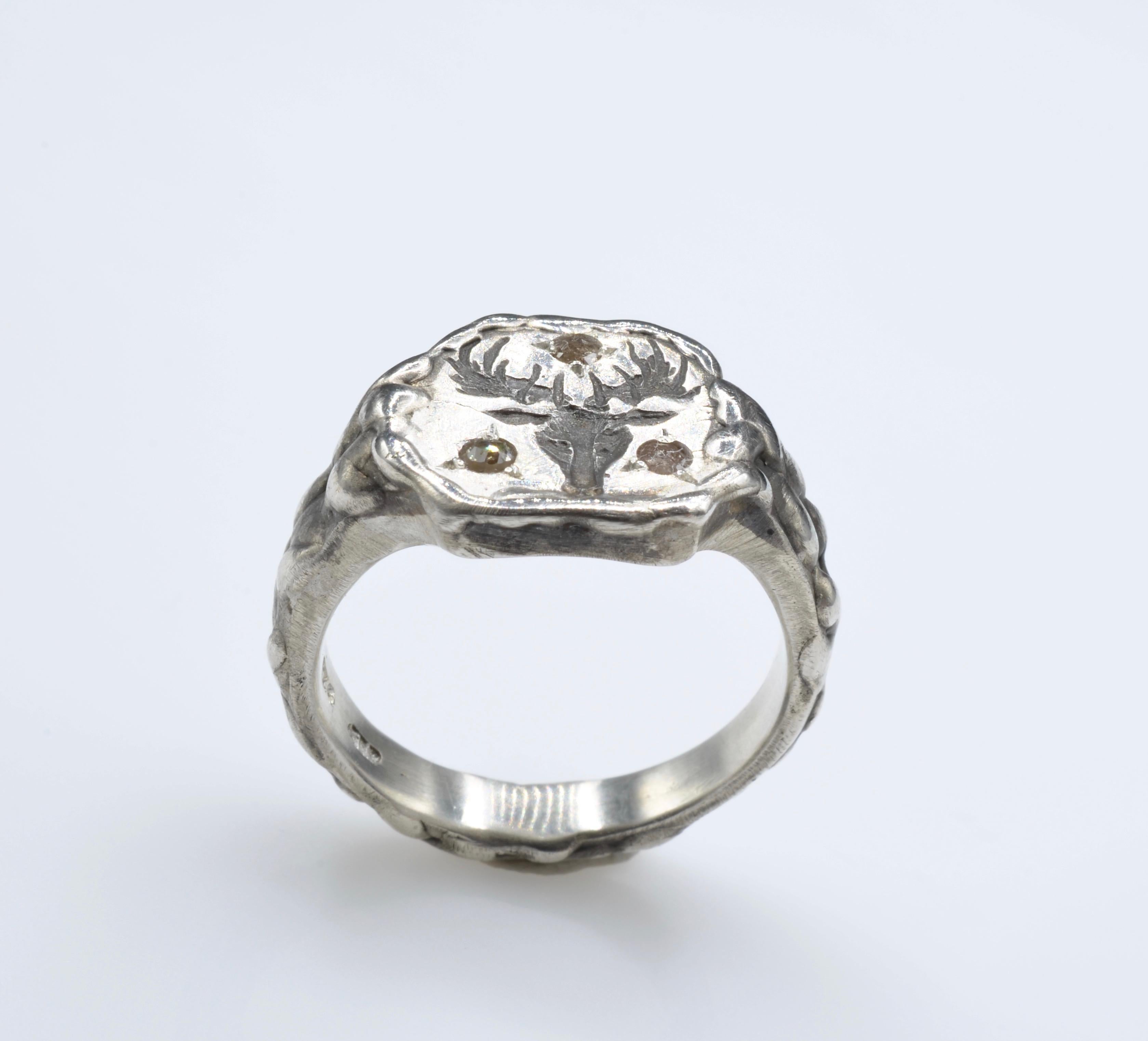 Signet Ring Hirschkopf Diamant Braun Rosenschliff Sterlingsilber Ring im Zustand „Neu“ im Angebot in Berkeley, CA
