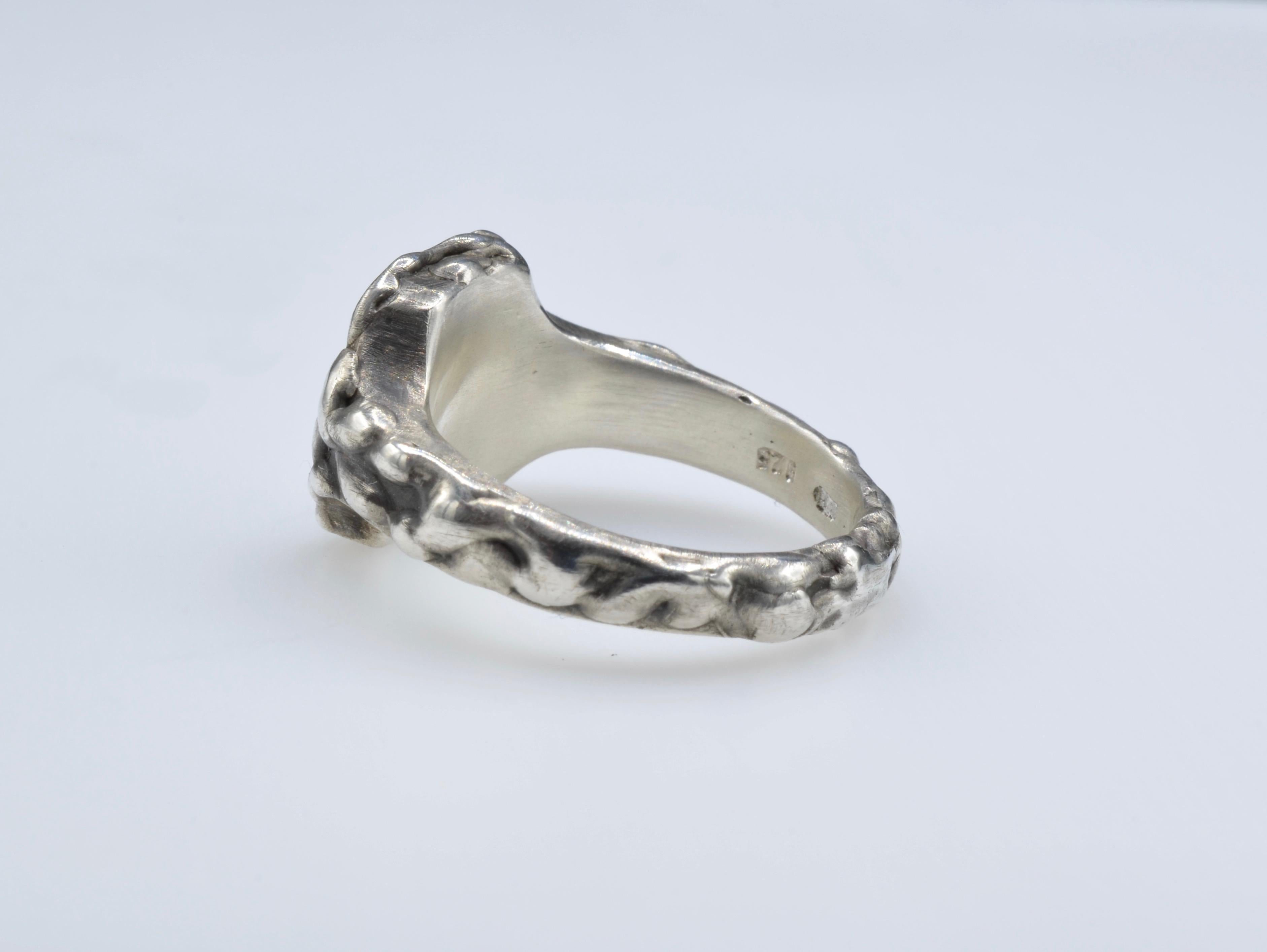 Baroque Revival Signet Ring Deer Head Diamond Brown Rose Cut Sterling Silver Ring For Sale