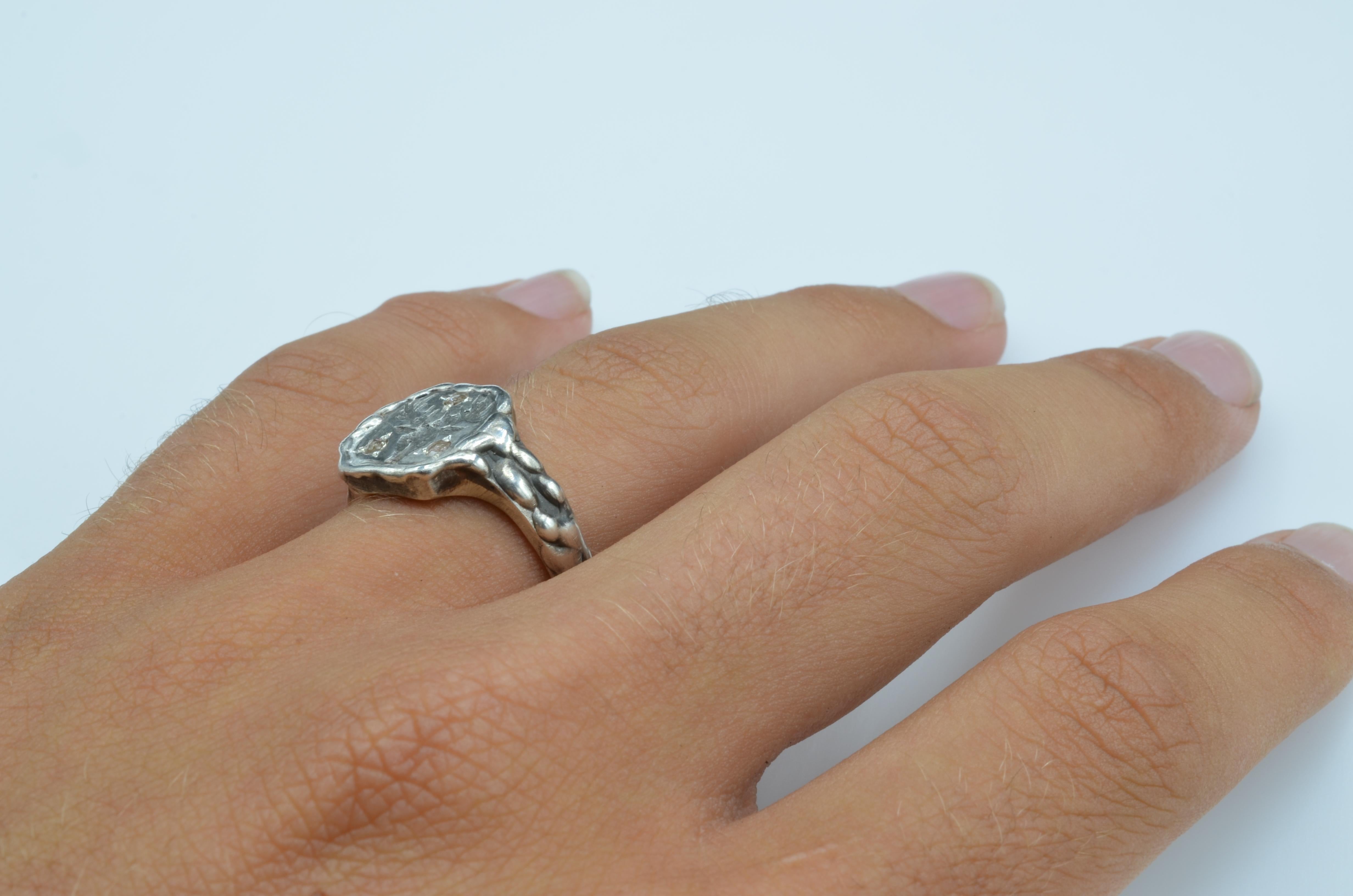 Women's or Men's Signet Ring Deer Head Diamond Brown Rose Cut Sterling Silver Ring For Sale