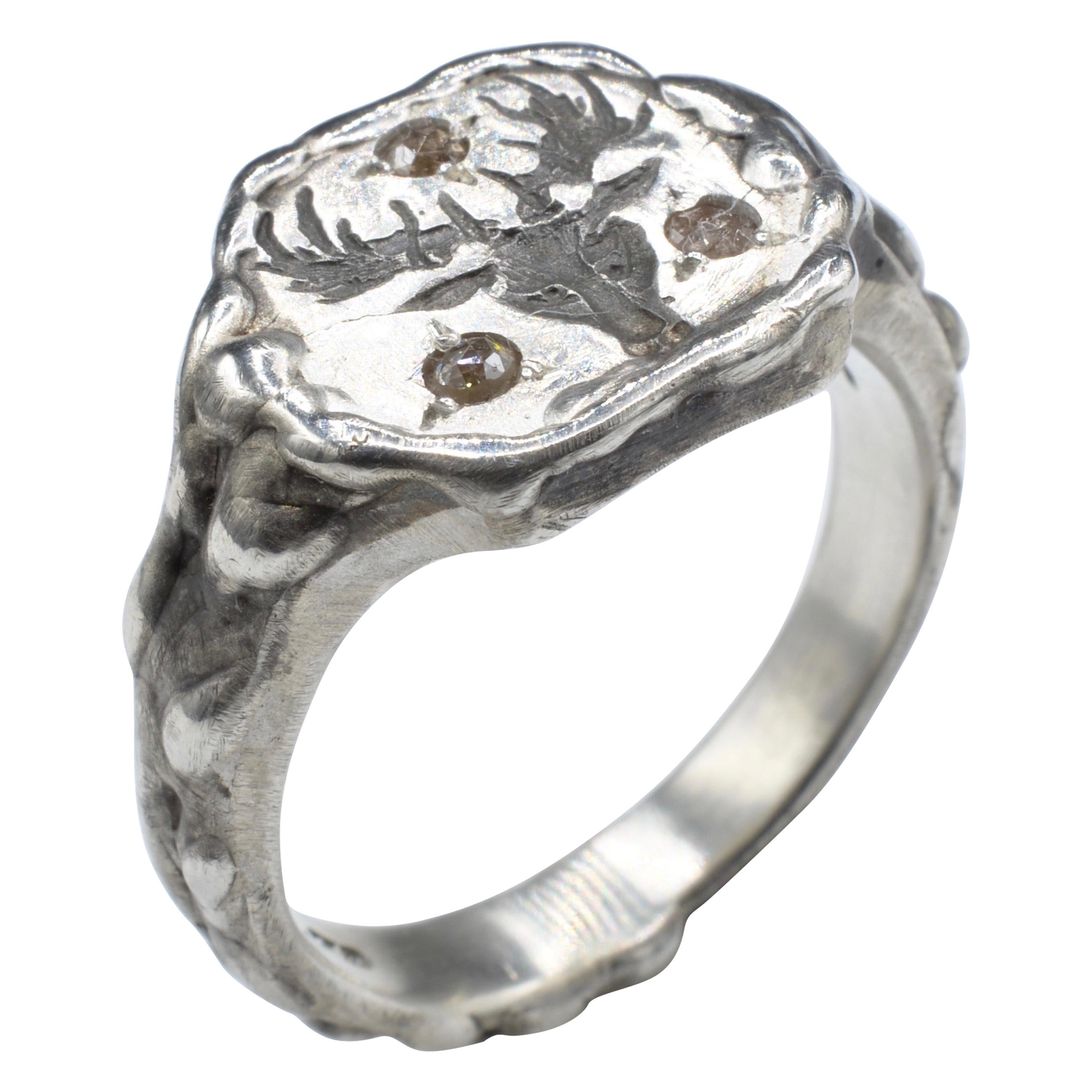 Signet Ring Deer Head Diamond Brown Rose Cut Sterling Silver Ring