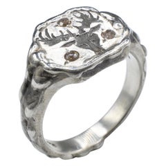 Used Signet Ring Deer Head Diamond Brown Rose Cut Sterling Silver Ring
