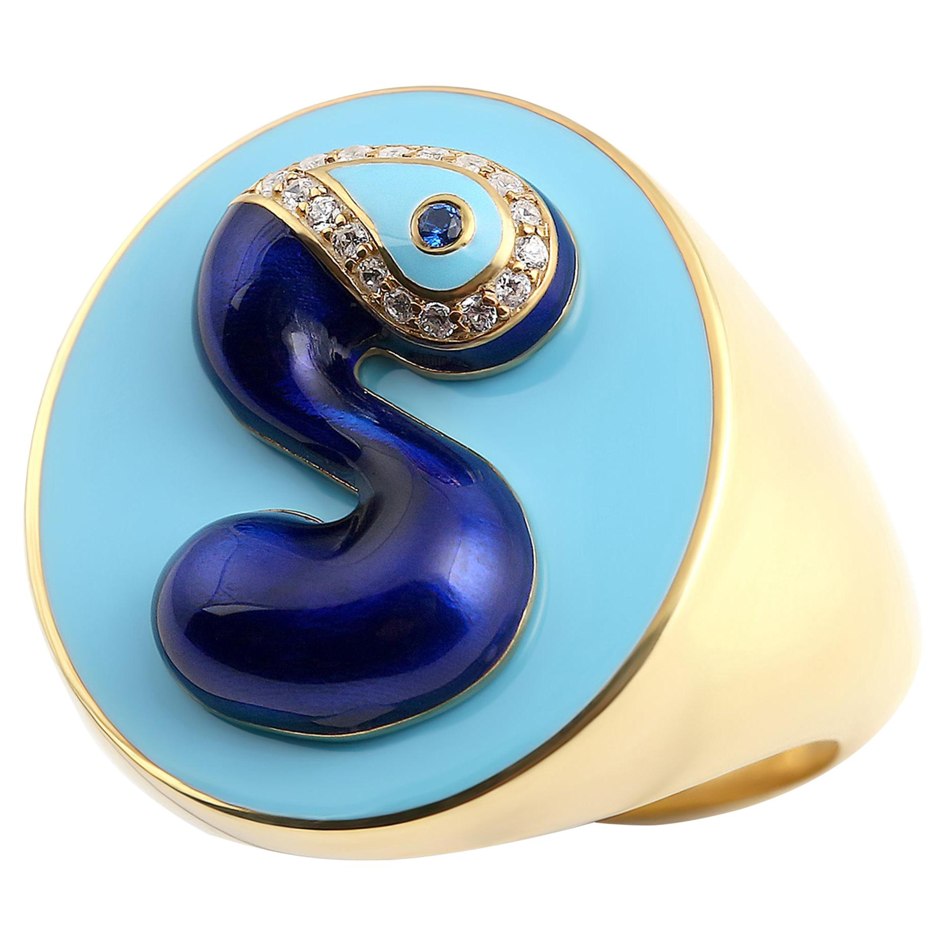 Signet Ring Evil Eye ID S Initial, 14K Yellow Gold, Handcrafting Blue Enamel For Sale