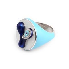 Signet Ring Evil Eye ID Y Letter, 14 Karat White Gold, Blue and White Enamel