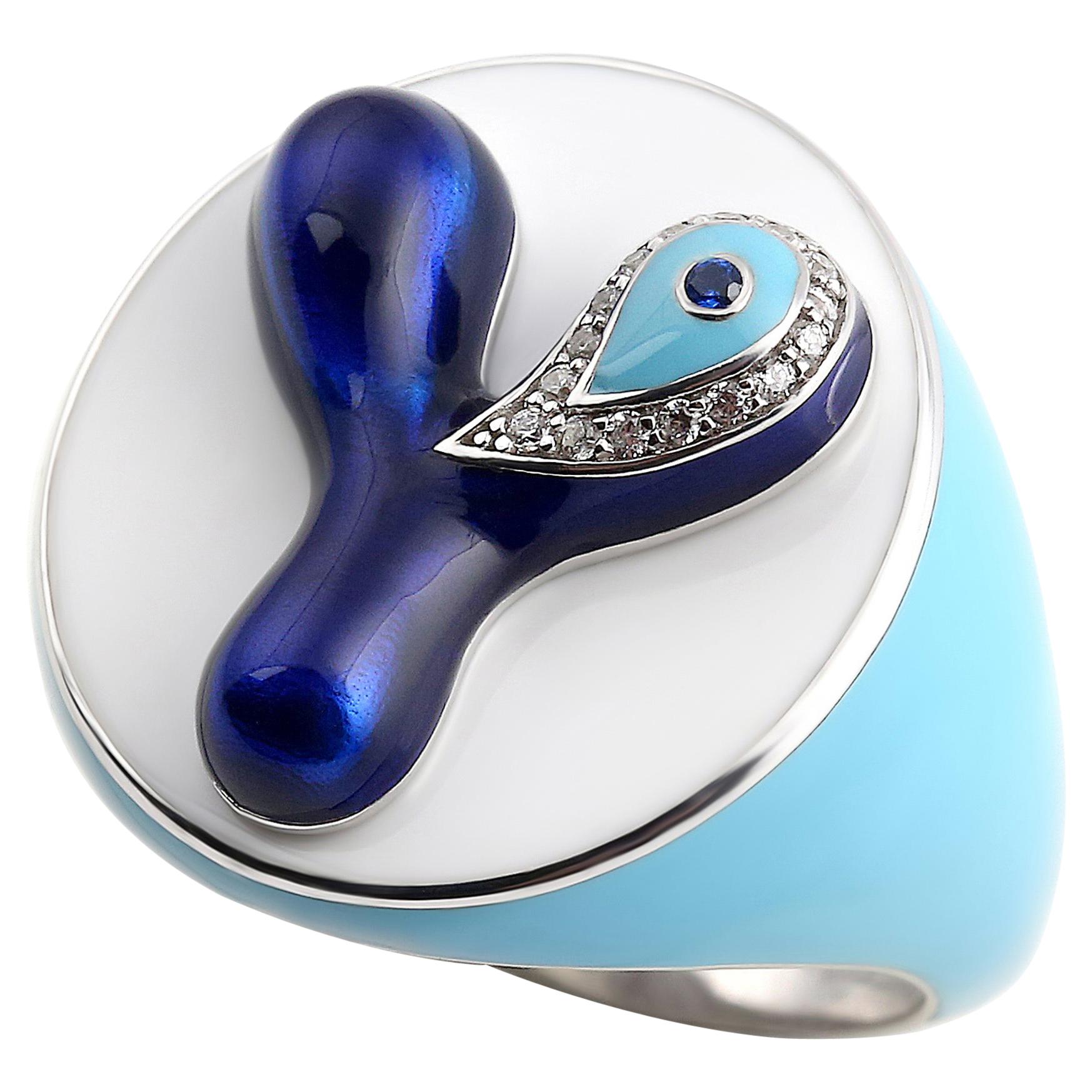 Signet Ring Evil Eye ID Y Letter, 14 Karat White Gold, Blue and White Enamel For Sale