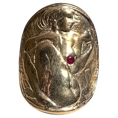 Gold Coin Ring Cocktail Ring Ruby Naked Woman Medal Signet