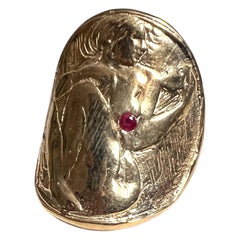 Anello con sigillo, moneta d'oro, anello da cocktail, medaglia, donna, rubino