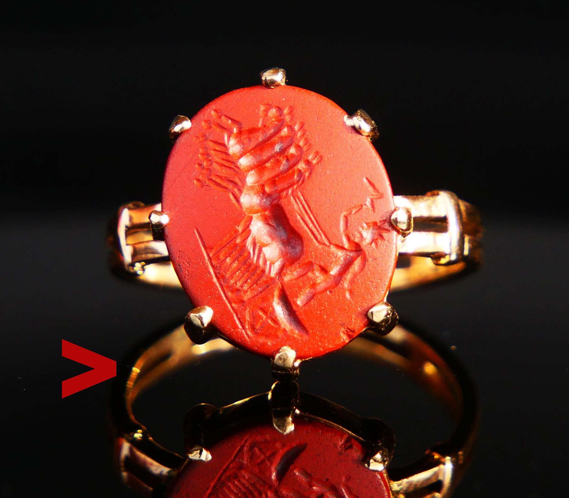 Ancient Red Jasper stone with finely rendered intaglio of ancient Greek / Roman god Helios driving the quadriga mounted in 21ct /high carat Gold later setting.

This jasper setting dates to ca. 2 - 4th century A.D. Measures ca. 15 mm x 12 mm x 3 /