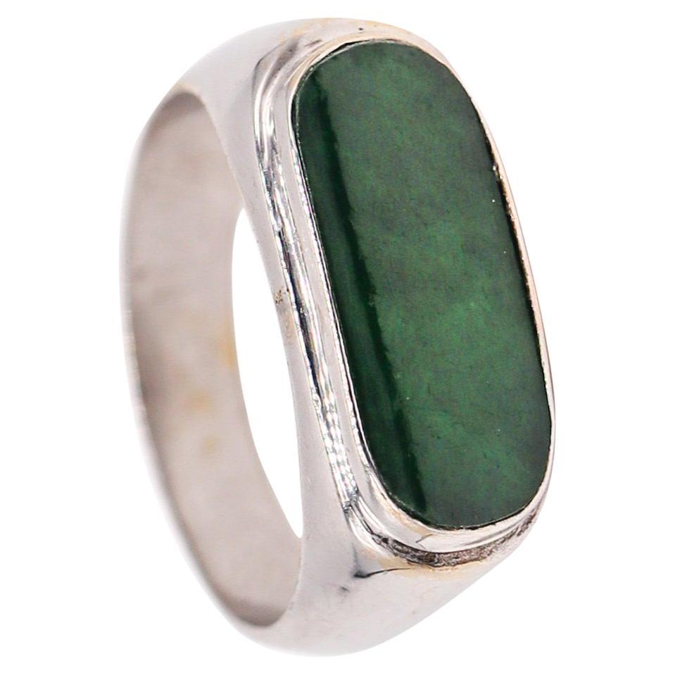 Signet Ring in 18Kt White Gold with 1.38 Cts Carved Imperial Green Jadeite Jade