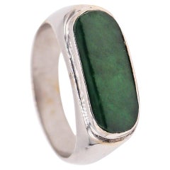 Signet Ring in 18Kt White Gold with 1.38 Cts Carved Imperial Green Jadeite Jade