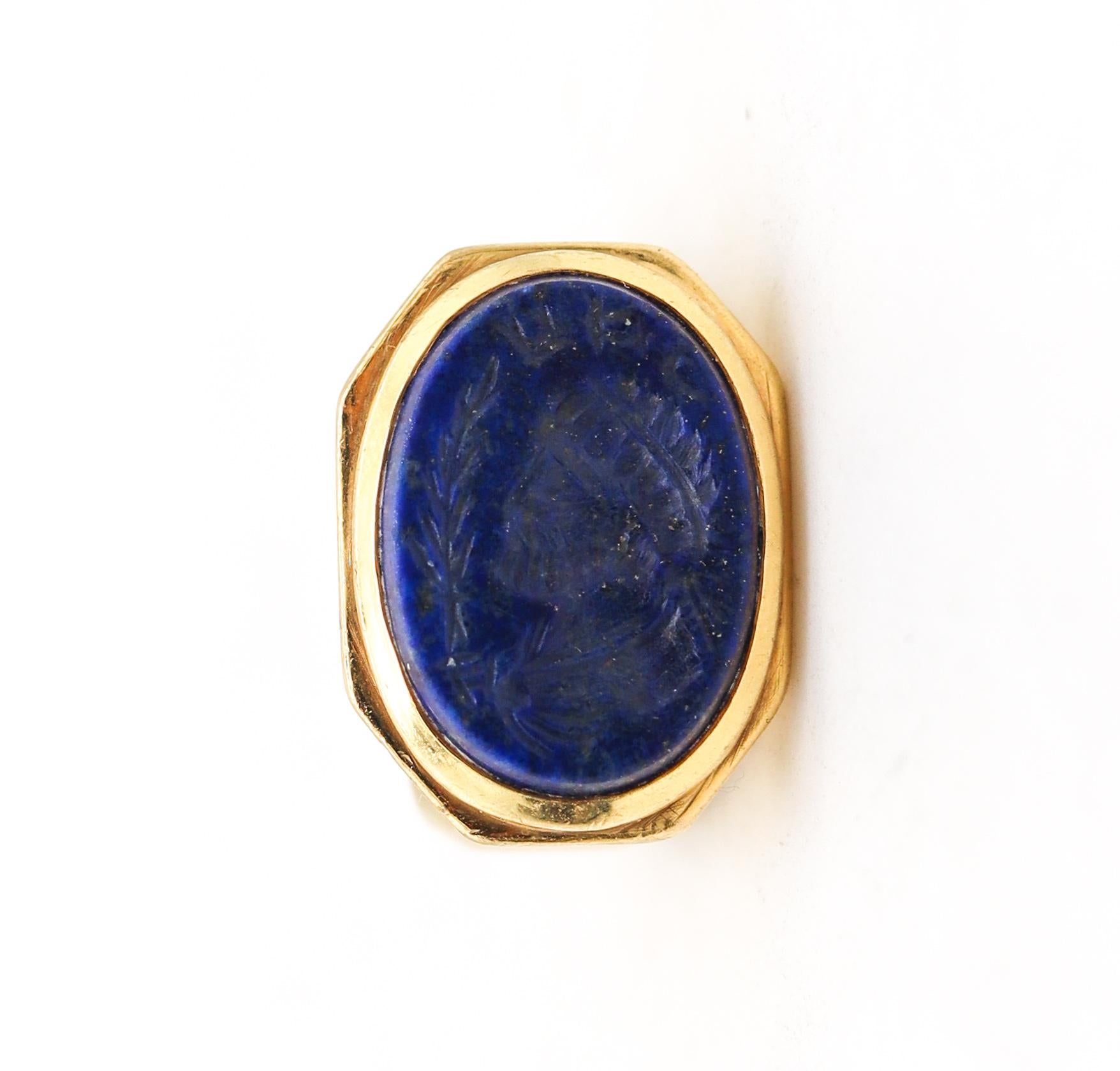 Renaissance Revival Signet Ring Revival Intaglio in Solid 18kt Yellow Gold with Carved Lapis Lazuli