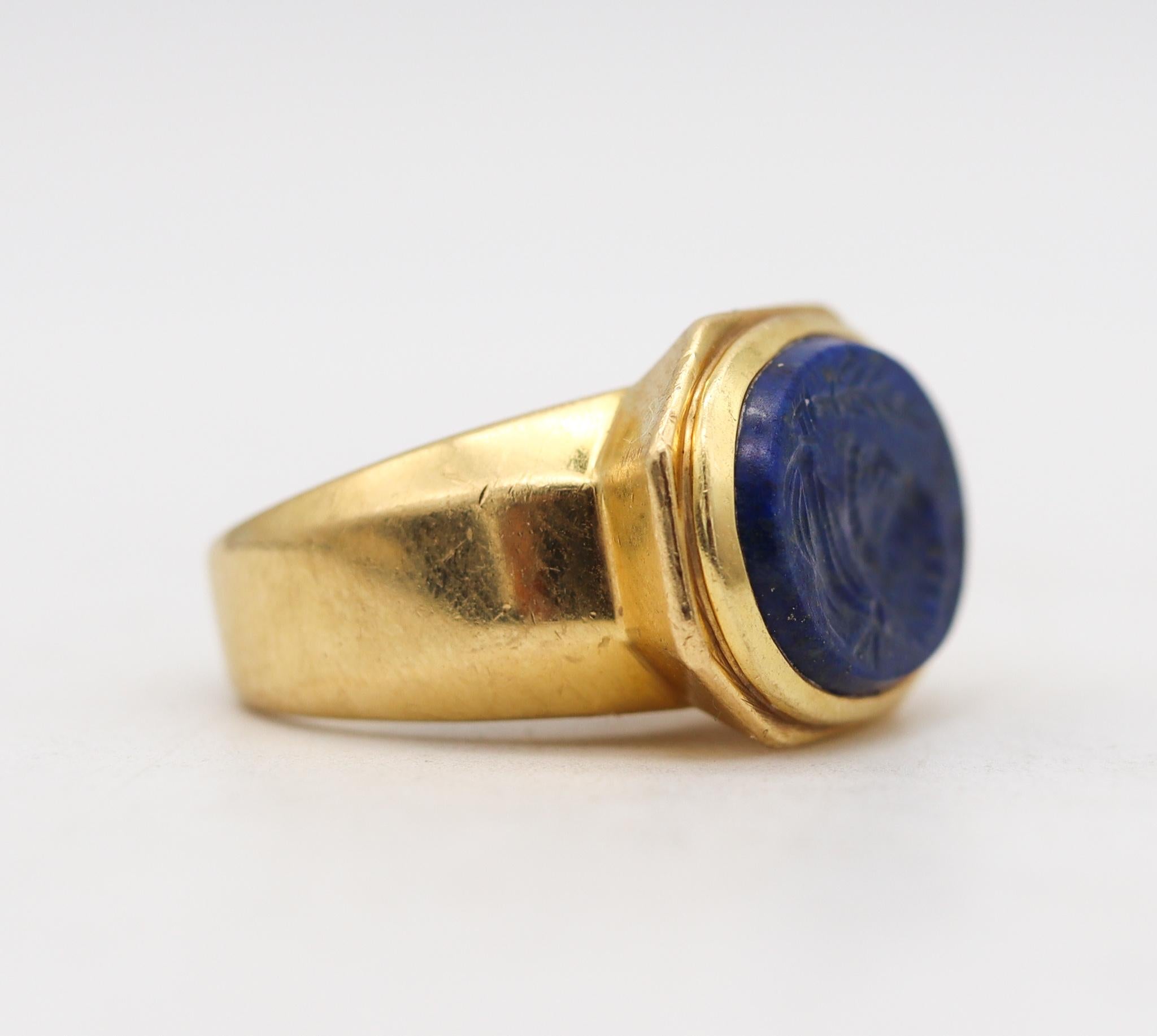 Mixed Cut Signet Ring Revival Intaglio in Solid 18kt Yellow Gold with Carved Lapis Lazuli