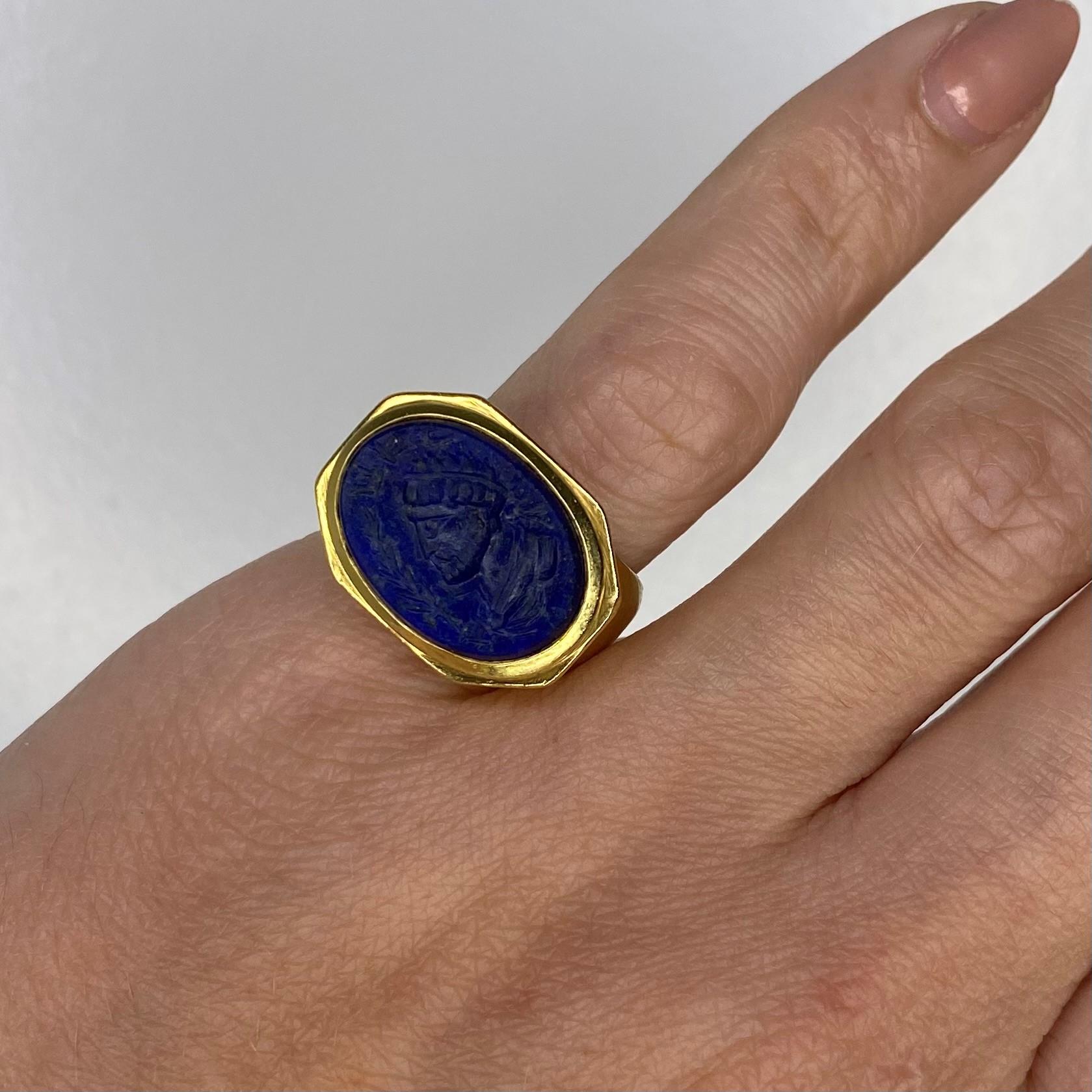 Signet Ring Revival Intaglio in Solid 18kt Yellow Gold with Carved Lapis Lazuli 1