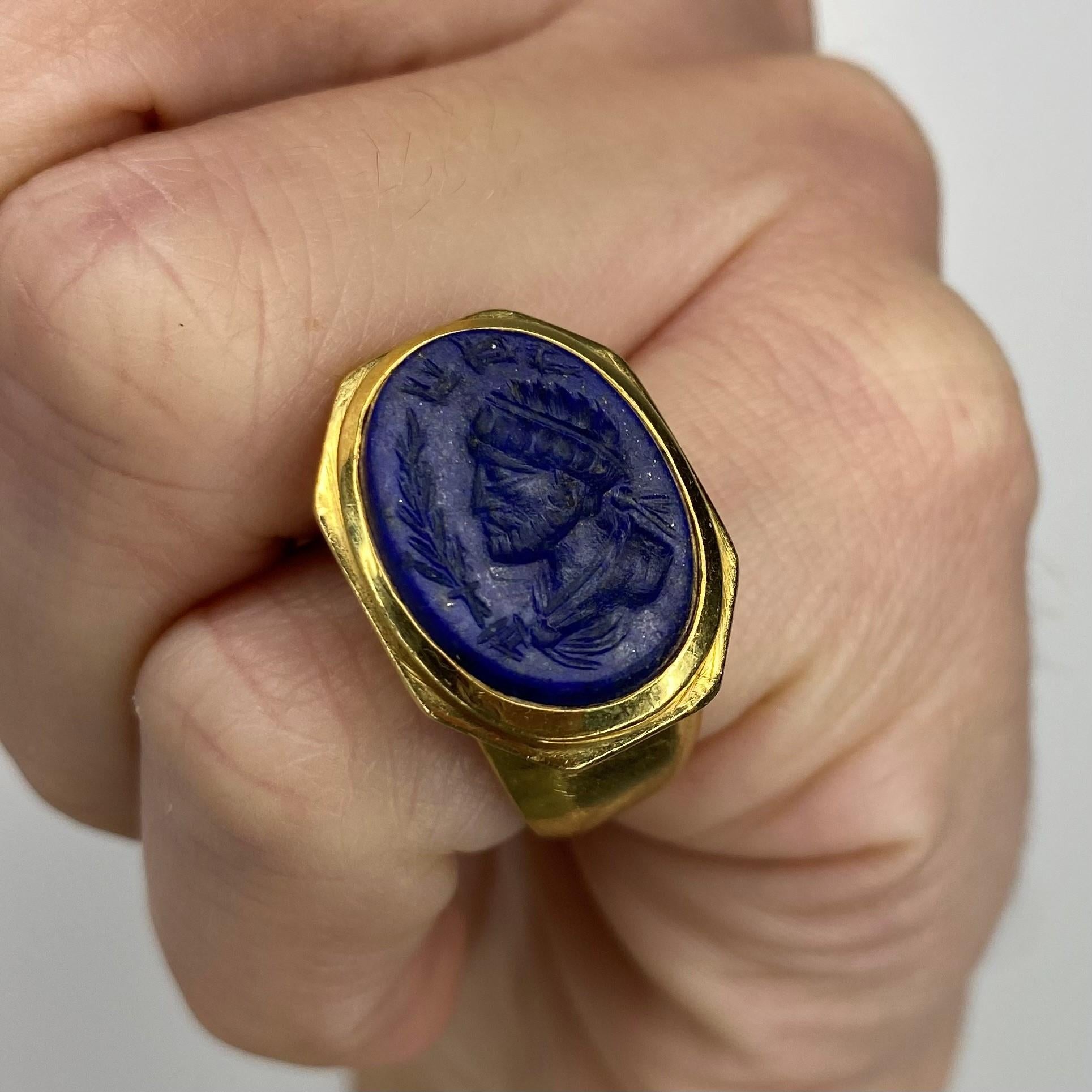Signet Ring Revival Intaglio in Solid 18kt Yellow Gold with Carved Lapis Lazuli 2