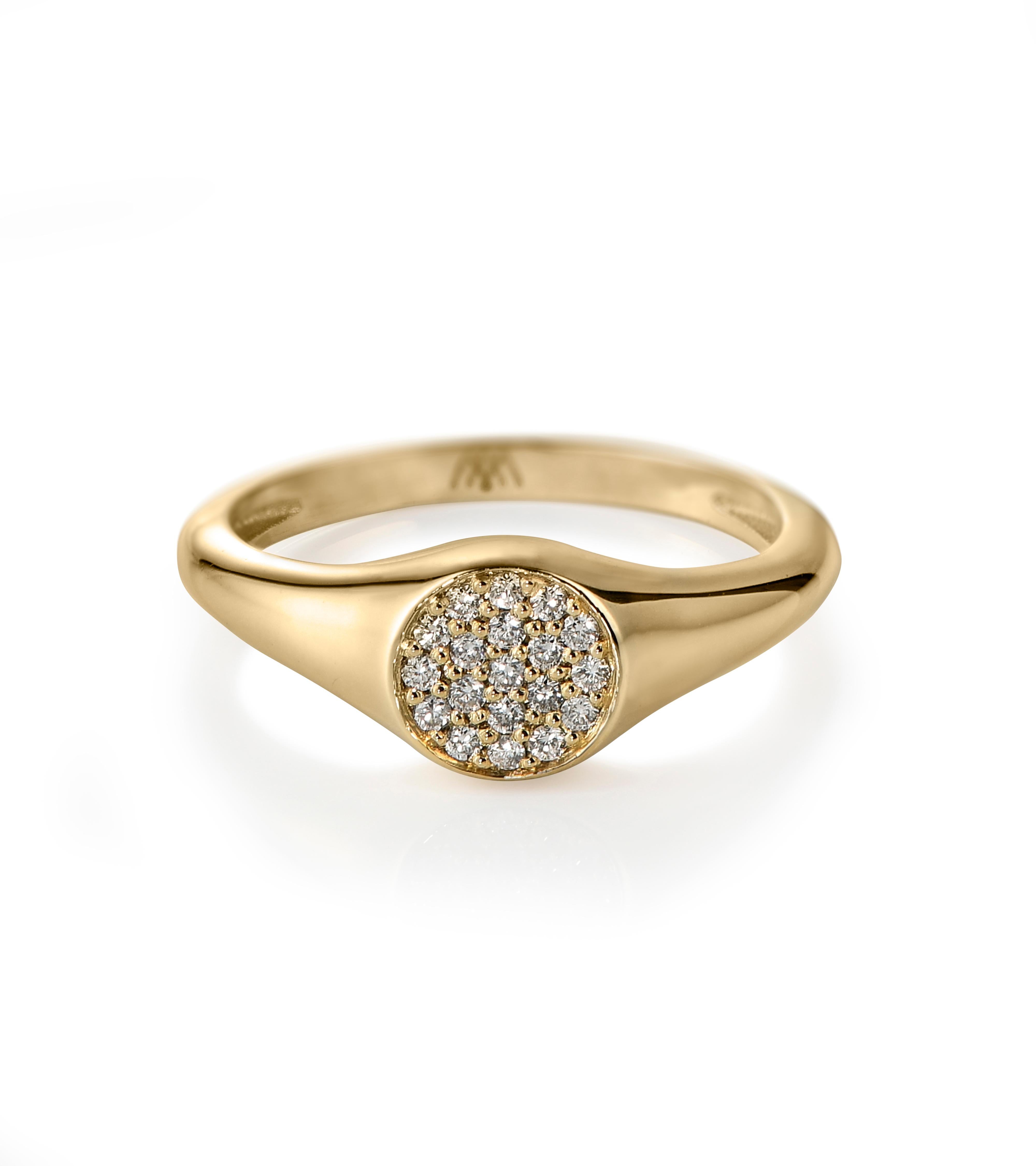 Our Diamond Disk Signet Ring, is designed to fit comfortably on your pinky finger and will become your new staple piece. It is set with natural diamonds that look like glitter, in 18Karat Yellow Gold.

All of our orders are delivered in a black