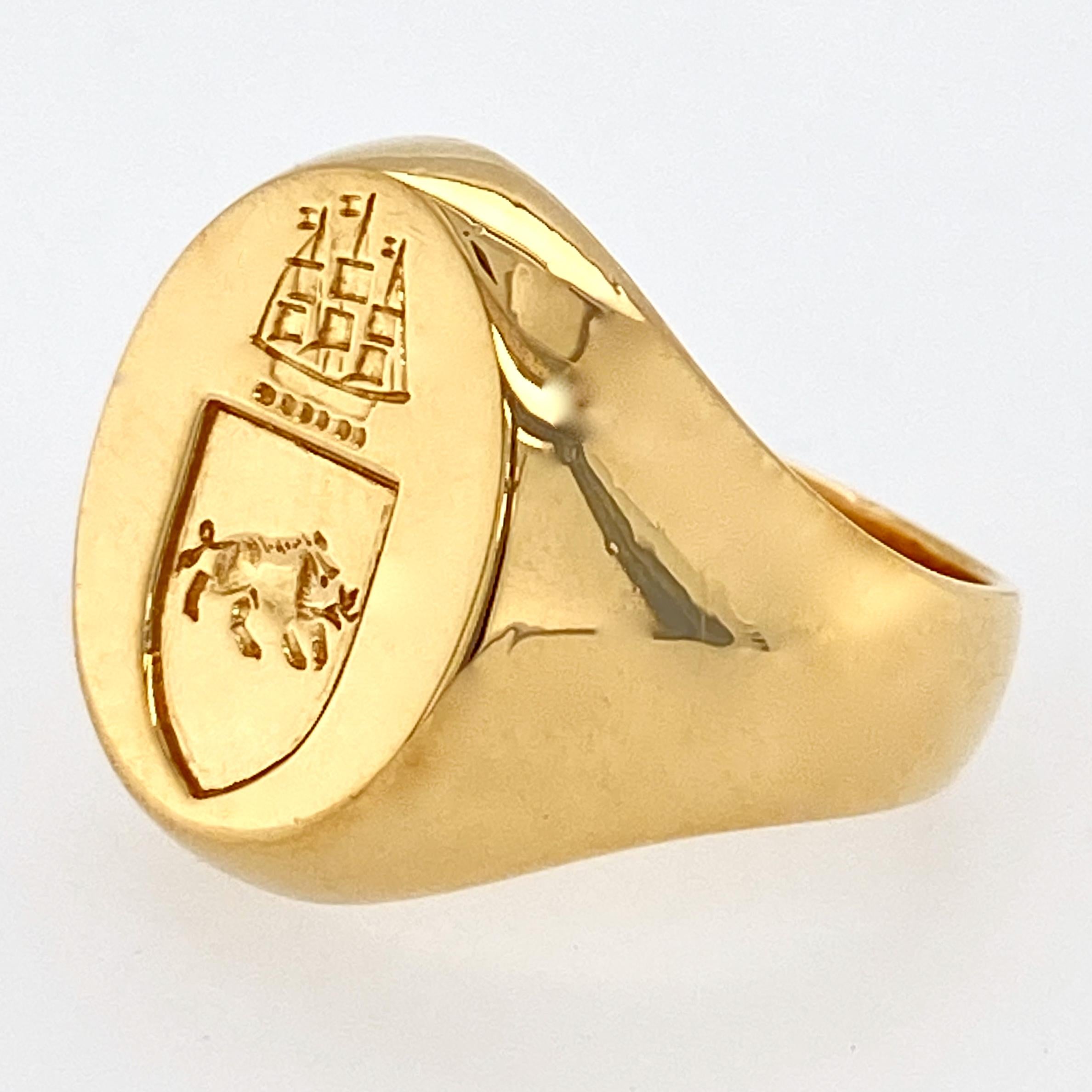 This intriguing signet ring features a wild boar  with curly tail (meaning he's not young) and open mouth (meaning he's rude) walking to the right inside of a shield.  Above the boar is a three-masted ship.

The boar in heraldry symbolizes bravery,