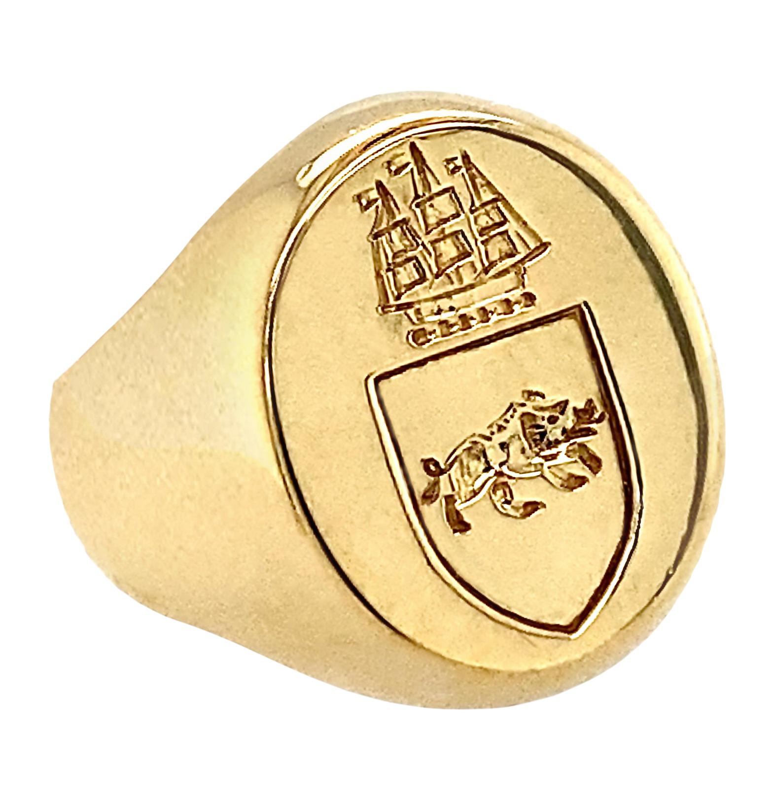 Signet Ring with Wild Boar Passant & Three-Masted Ship in 18 Karat Yellow  Gold