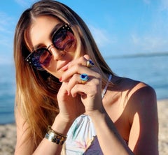 Signet Ring Y Initial Evil Eye ID, 14K Yellow Gold with Round D Color Diamonds