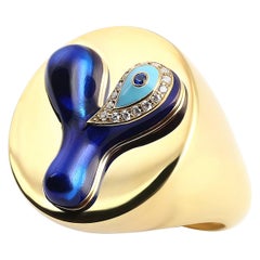 Signet Ring Y Initial Evil Eye ID, 14K Yellow Gold with Round D Color Diamonds