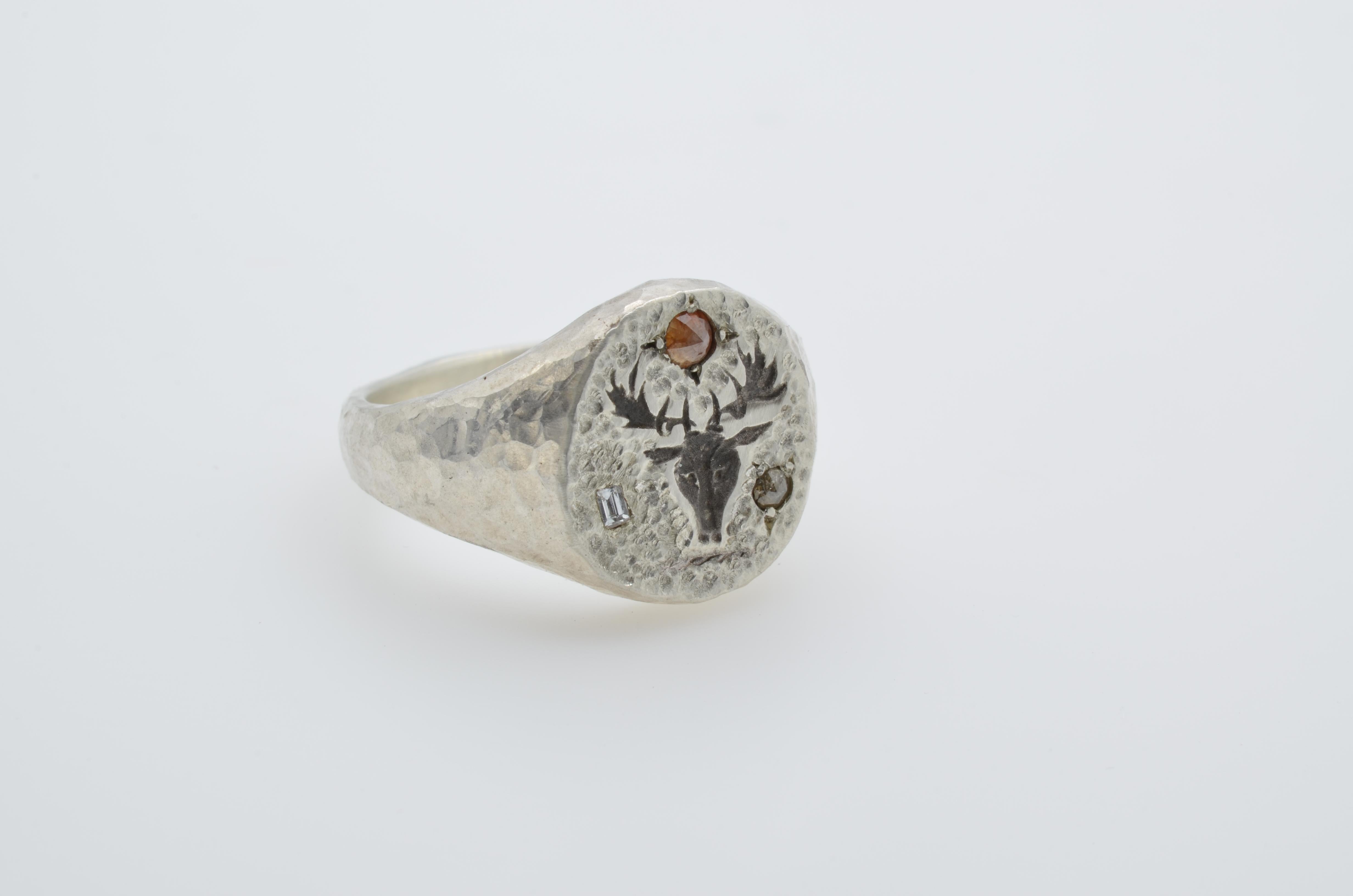 Medieval Signet Silver Dear Head Engraved Diamond Ring For Sale