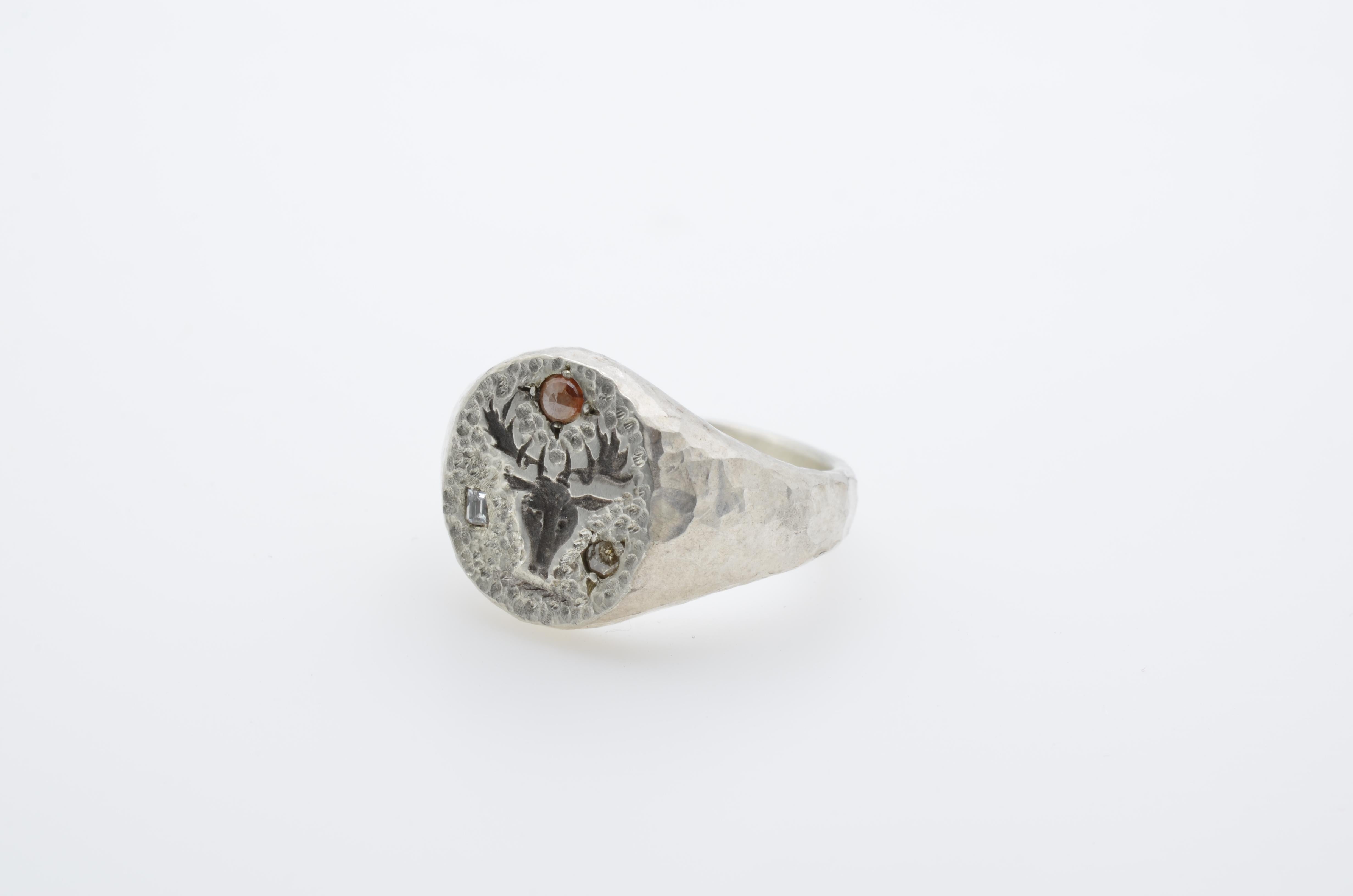 Baguette Cut Signet Silver Dear Head Engraved Diamond Ring For Sale