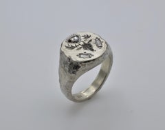 Signet Silver Ring Dear Head Engraved Trillion and Baguette Diamond