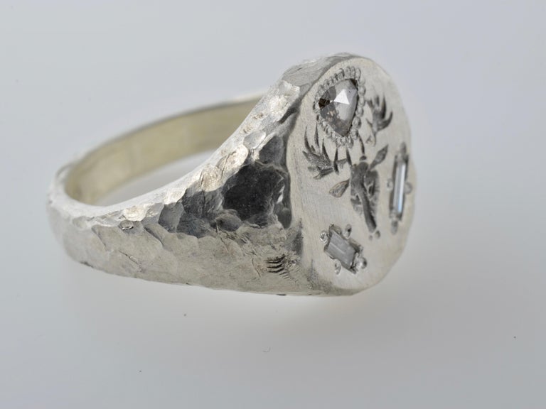 Signet Silver Ring Dear Head Engraved Trillion and Baguette Diamond For ...