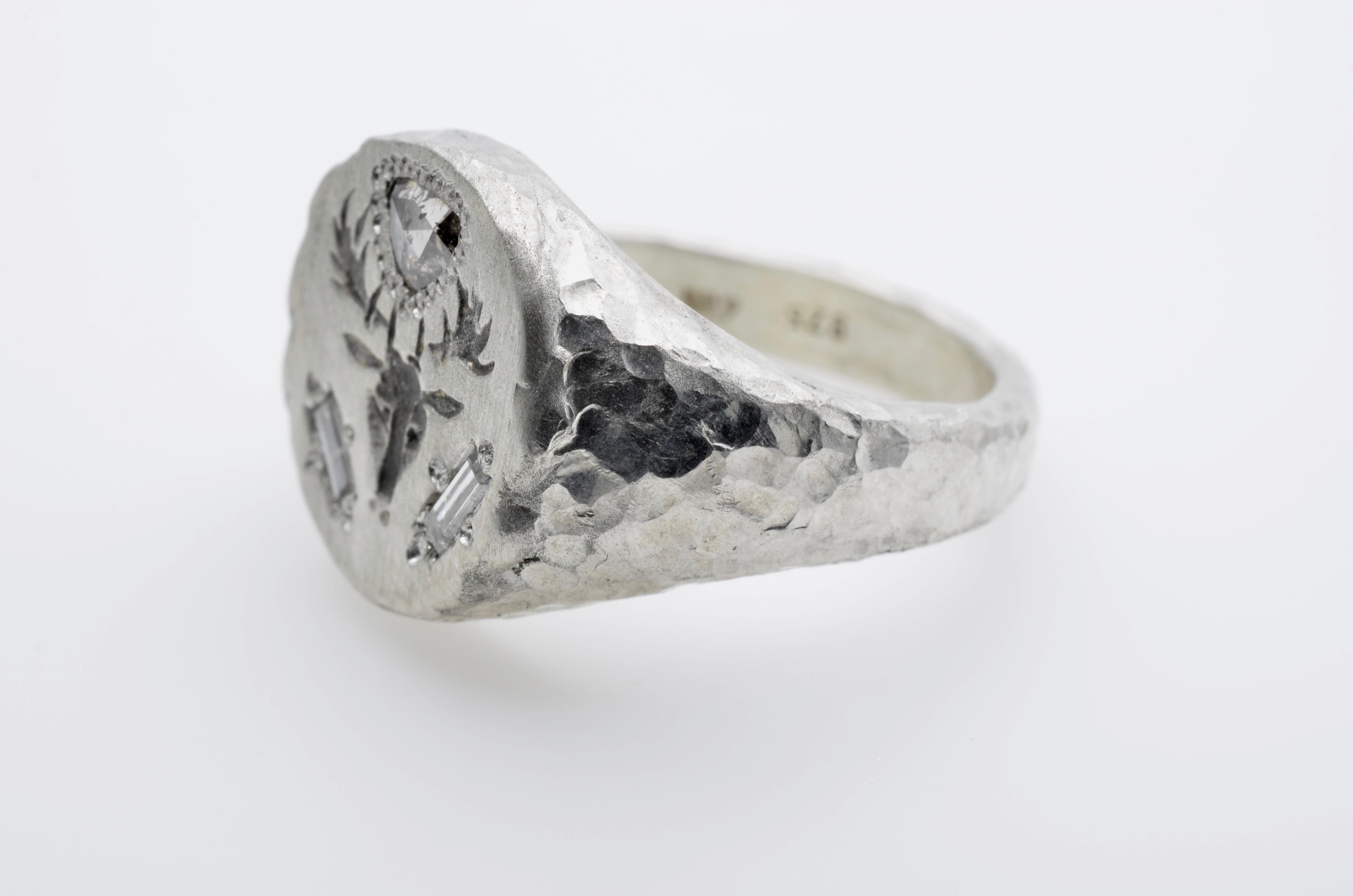 Trillion Cut Signet Silver Ring Dear Head Engraved Trillion and Baguette Diamond For Sale
