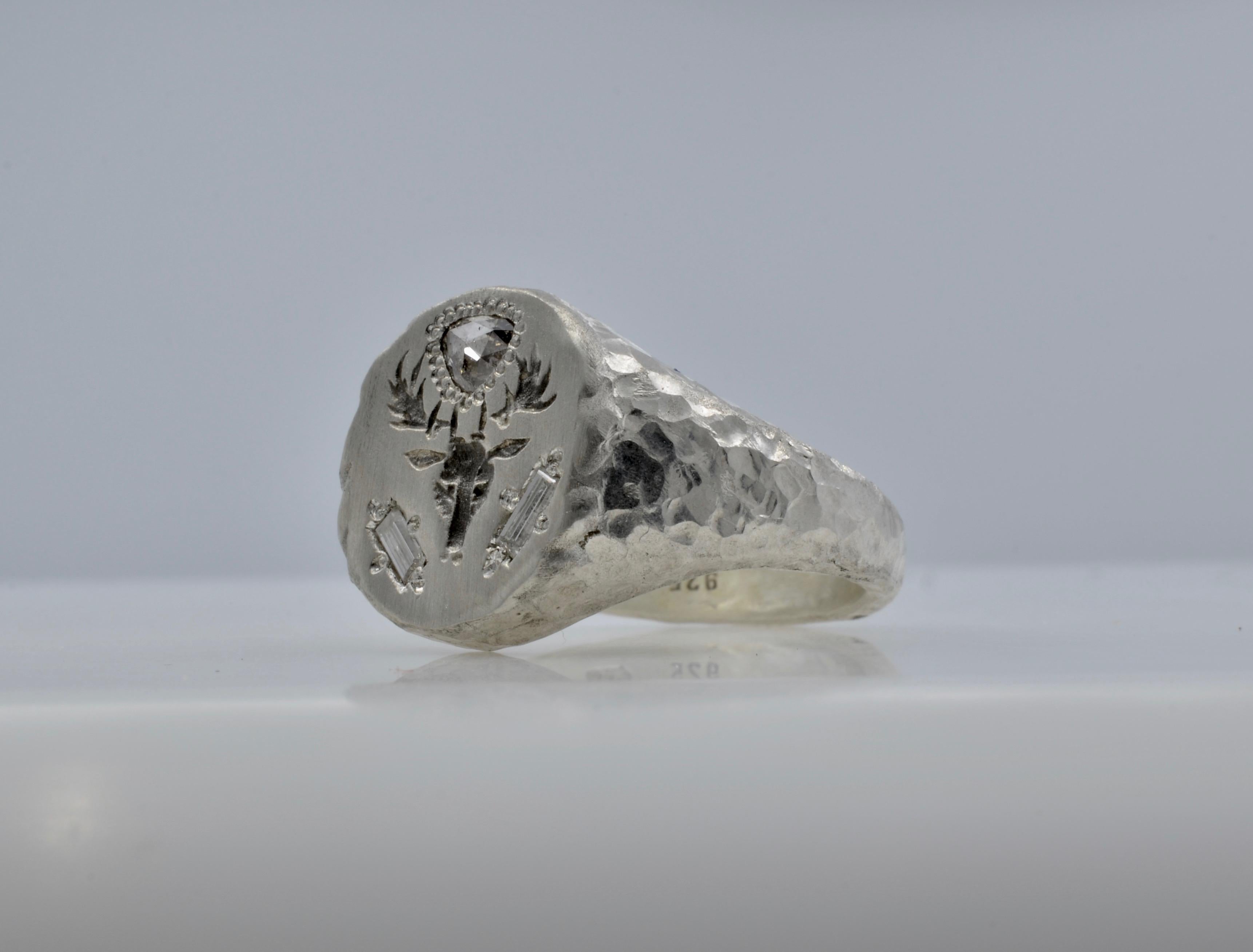 Signet Silver Ring Dear Head Engraved Trillion and Baguette Diamond In New Condition For Sale In Berkeley, CA