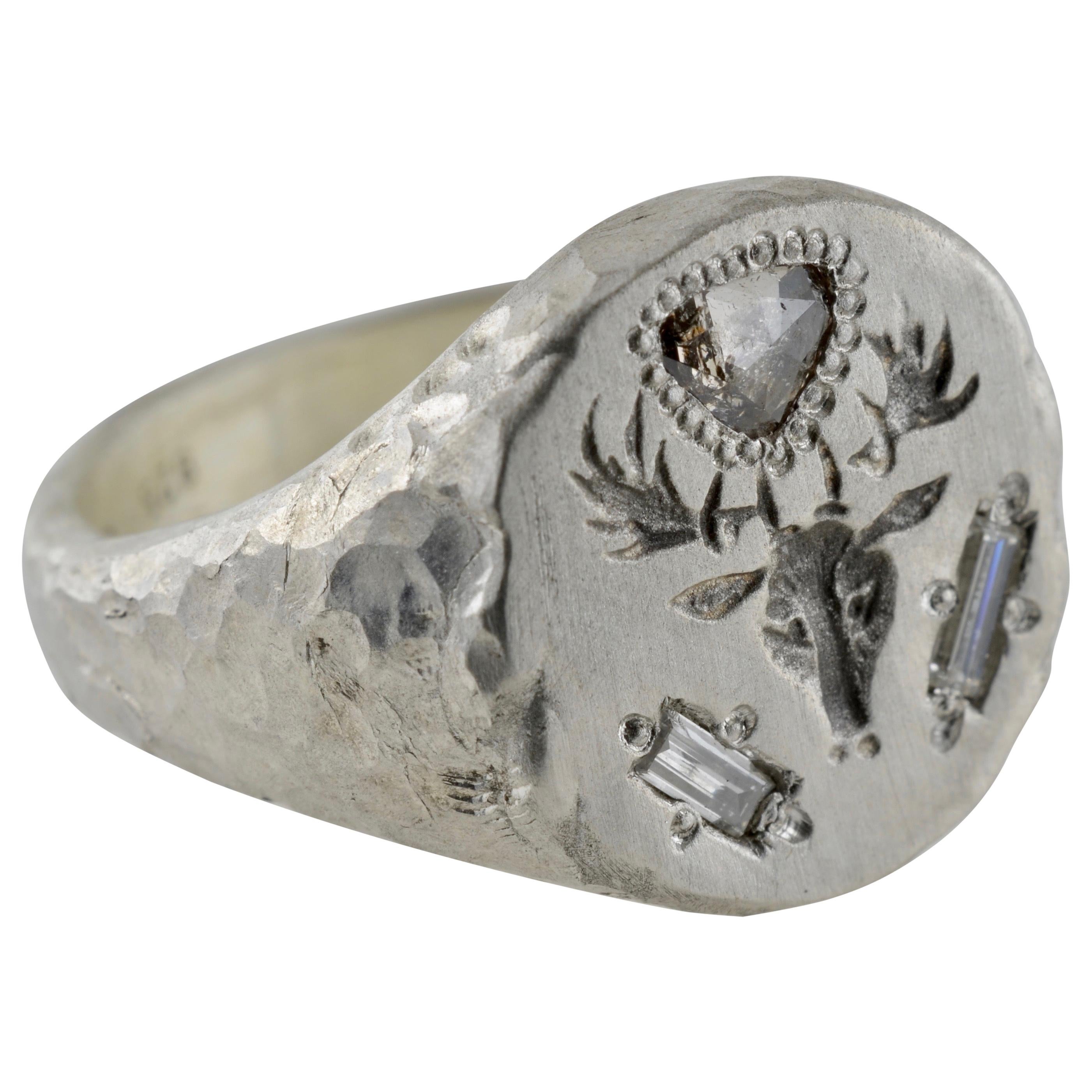 Signet Silver Ring Dear Head Engraved Trillion and Baguette Diamond For Sale