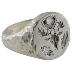 Signet Silver Ring Dear Head Engraved Trillion and Baguette Diamond