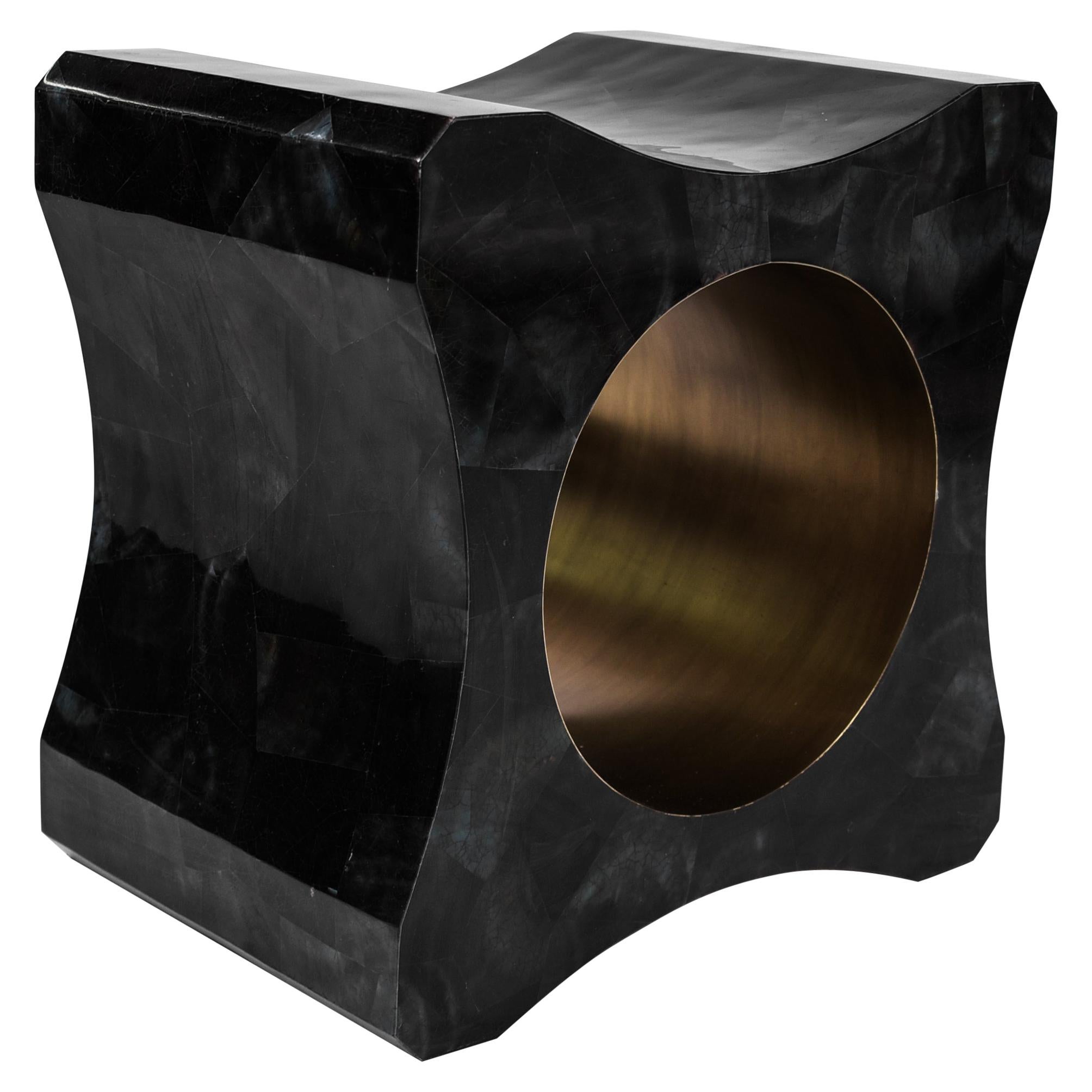 Signet Stool in Black Pen Shell and Bronze-Patina Brass by Kifu Paris For Sale