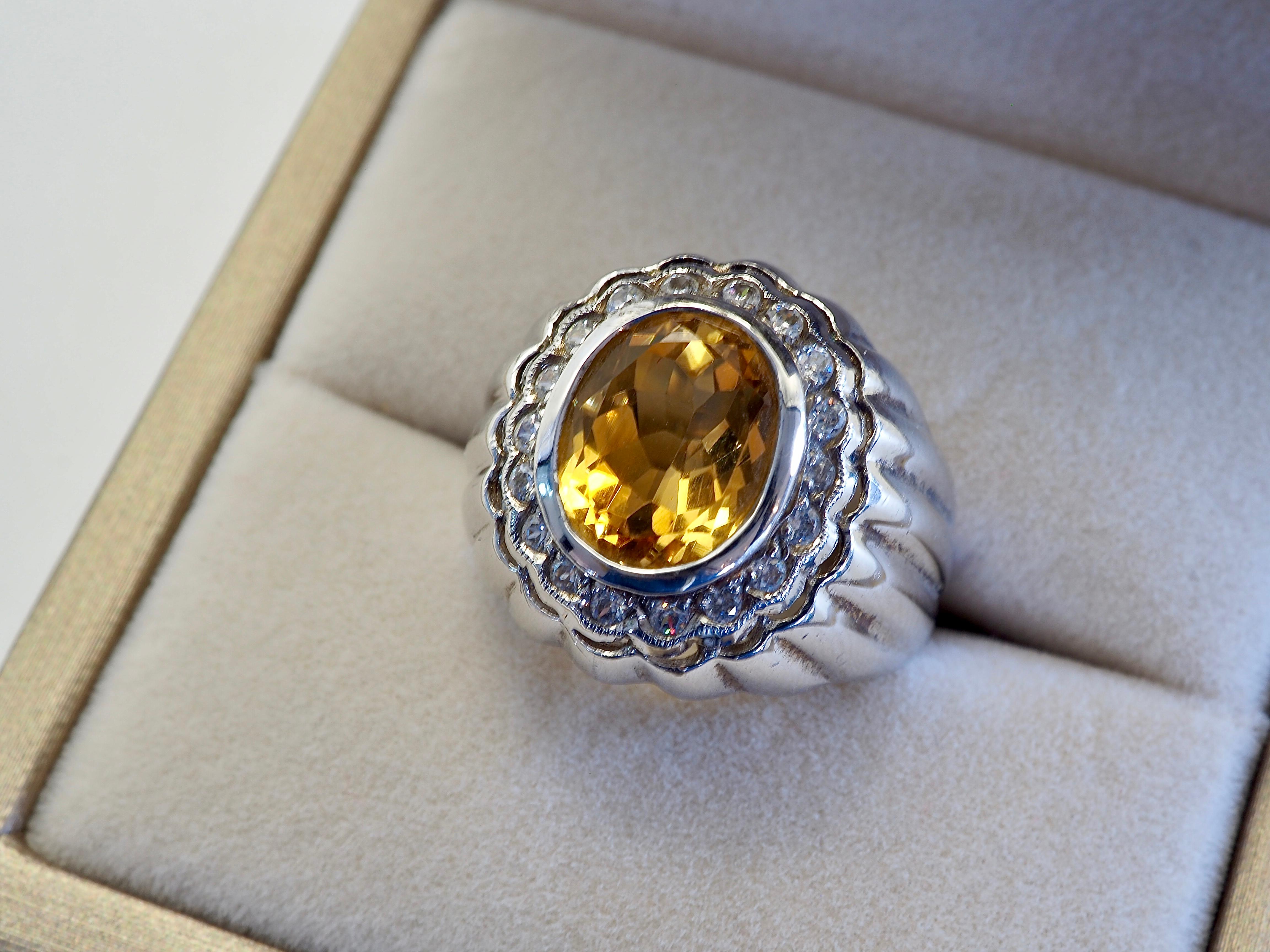 Signet Trombino 3.50ct Oval Citrine & Quartz Sterling Silver Men's Ring For Sale 1
